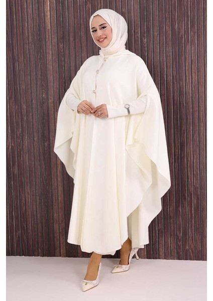 Düğmeli Kapşonlu Triko Panço 18342 Ekru modelleri