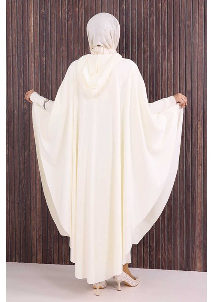 Düğmeli Kapşonlu Triko Panço 18342 Ekru fırsatları