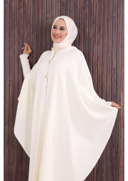 Düğmeli Kapşonlu Triko Panço 18342 Ekru indirimleri