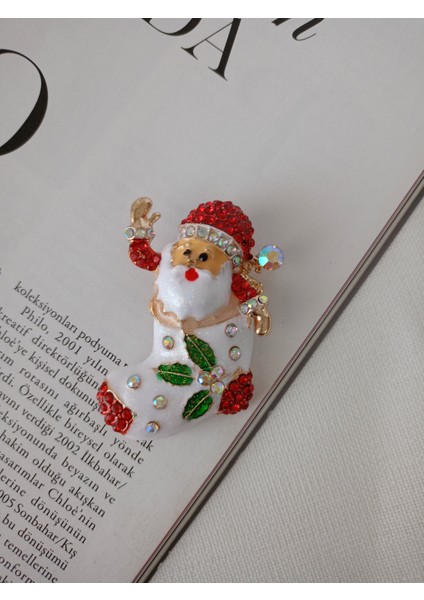 Taşlı Noel Baba Broş-Yeni Yıl Yaka Iğnesi-Yılbaşı Temalı Broş
