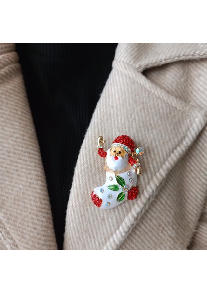 Taşlı Noel Baba Broş-Yeni Yıl Yaka Iğnesi-Yılbaşı Temalı Broş indirimleri