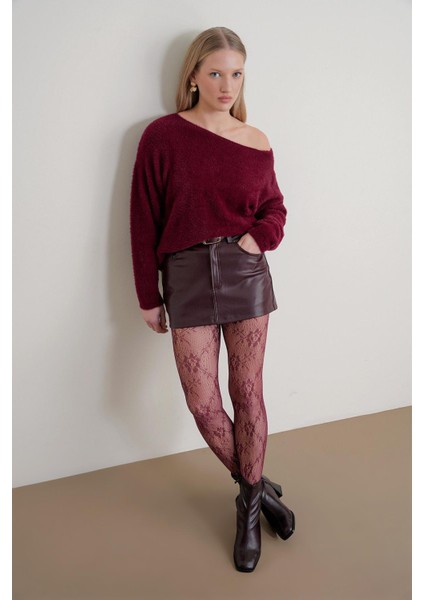 6991 Kadın Kayık Yaka Yumuşak Dokulu Kazak Bordo