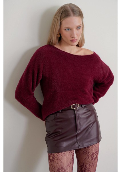 6991 Kadın Kayık Yaka Yumuşak Dokulu Kazak Bordo fiyatları