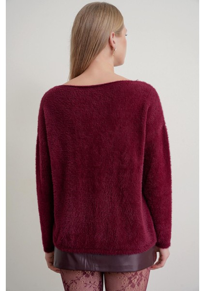 6991 Kadın Kayık Yaka Yumuşak Dokulu Kazak Bordo fırsatları