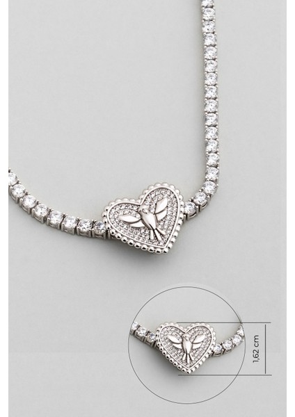 Anka Kuşu 18 Ayar Beyaz Altın Kaplama Gümüş Kalp Charm