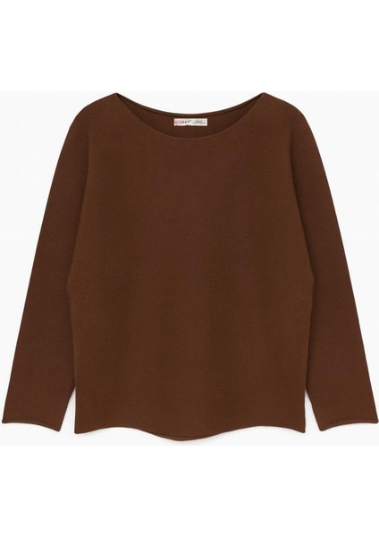 7008 Kadın Basic Kayık Yaka Yumuşak Dokulu Kazak Kahve