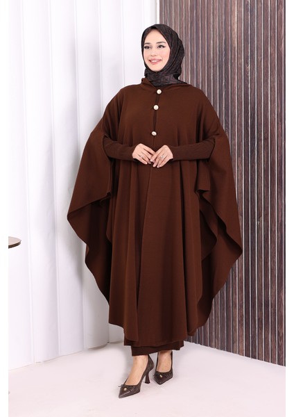 Düğmeli Kapşonlu Triko Panço 18342 Kahverengi