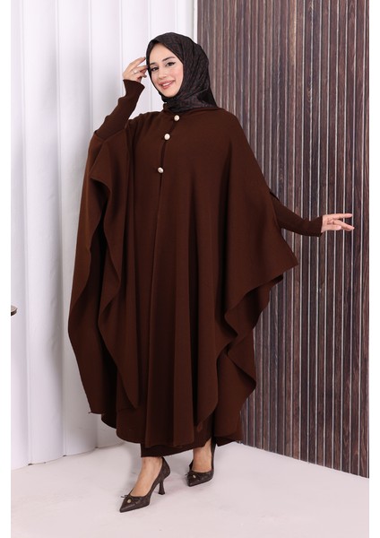 Düğmeli Kapşonlu Triko Panço 18342 Kahverengi fiyatları