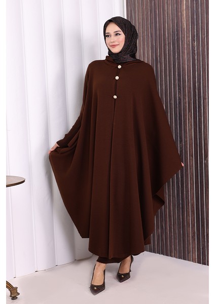 Düğmeli Kapşonlu Triko Panço 18342 Kahverengi modelleri