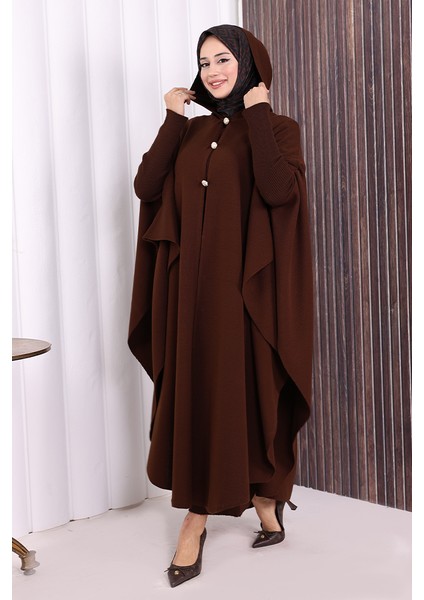 Düğmeli Kapşonlu Triko Panço 18342 Kahverengi fırsatları