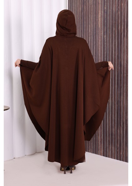 Düğmeli Kapşonlu Triko Panço 18342 Kahverengi indirimleri