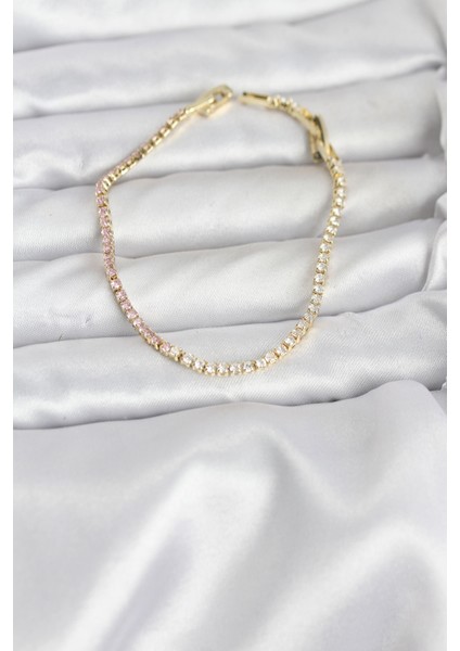 Pembe ve Beyaz Zirkon Taşlı Gold Renk Su Yolu Kadın Bileklik