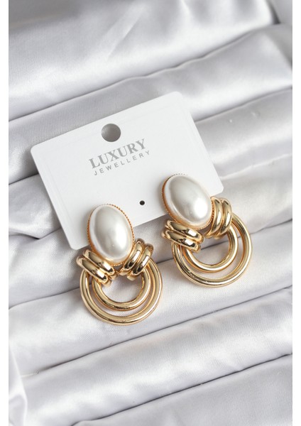 Pirinç Gold Renk Incili Vintage Kadın Küpe