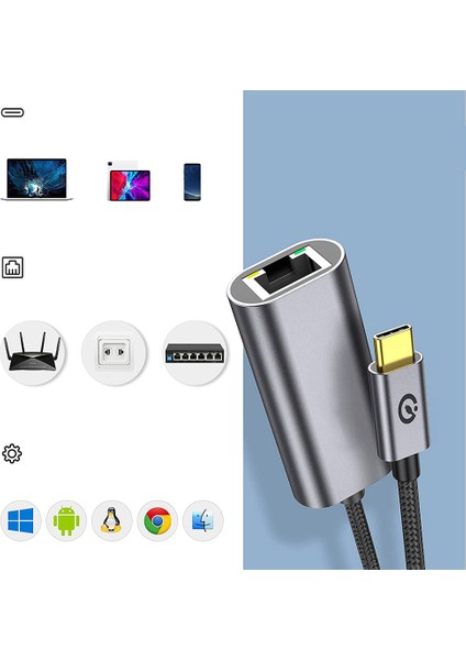 Siyah QG04 Type-C To RJ45 Ethernet Dönüştürücü Kablo 1024MBPS 22CM fiyatları