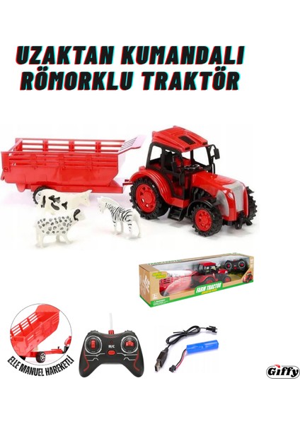 Uzaktan Kumandalı Römorklu Traktör Şarjlı Full Fonksiyon Çiftlik Hayvanı Odun Hediyeli 3 Renkli
