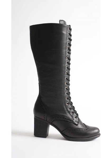 Kadın Hakiki Deri Bağcıklı Topuklu Çizme - Kahve