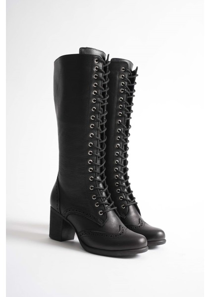 Kadın Hakiki Deri Bağcıklı Topuklu Çizme - Kahve fiyatları