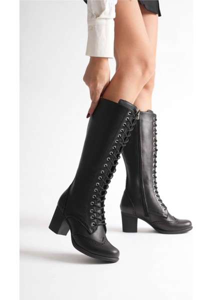 Kadın Hakiki Deri Bağcıklı Topuklu Çizme - Kahve fırsatları