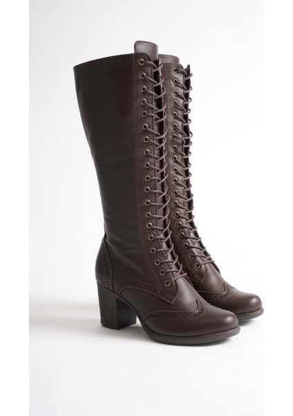 Kadın Hakiki Deri Bağcıklı Topuklu Çizme - Kahve fiyatları