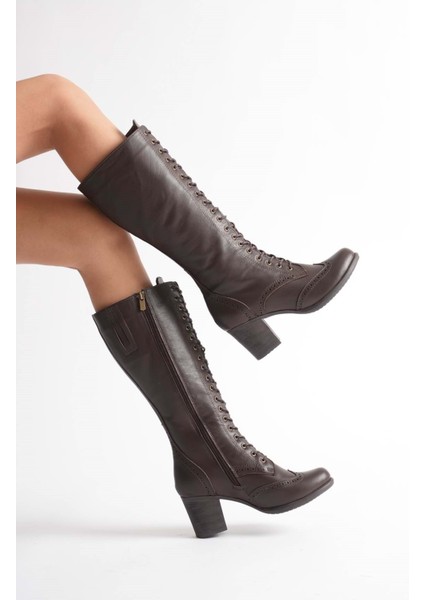 Kadın Hakiki Deri Bağcıklı Topuklu Çizme - Kahve modelleri