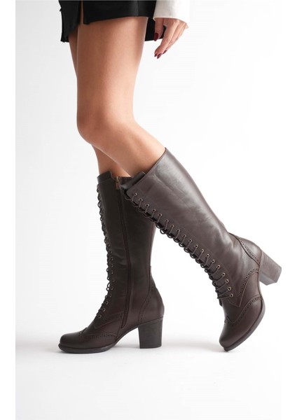Kadın Hakiki Deri Bağcıklı Topuklu Çizme - Kahve fırsatları