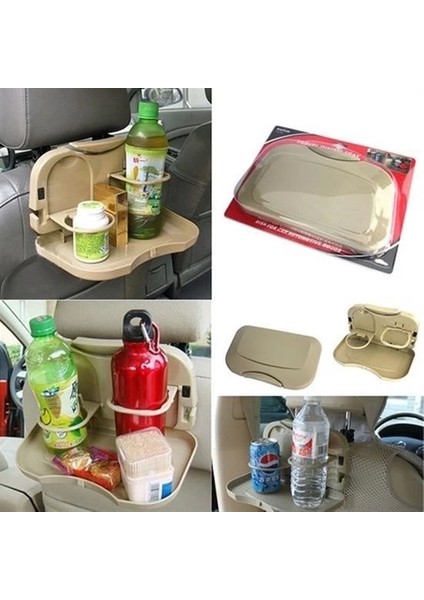 Araç Içi Koltuk Arkası Katlanabilir Bardak Tutuculu Bej Tepsi
