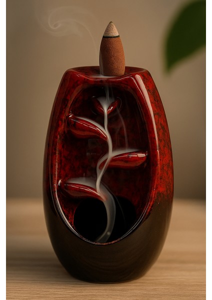 Seramik Yaprak Desen Geri Akışlı Tütsülük – Kırmızı