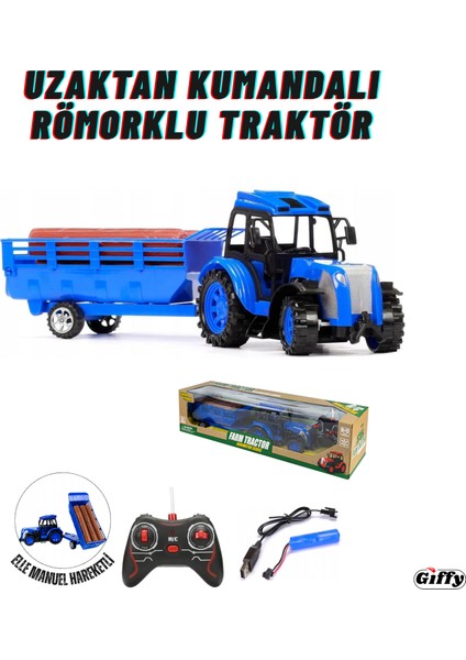 Uzaktan Kumandalı Römorklu Traktör Şarjlı Full Fonksiyon Çiftlik Hayvanı Odun Hediyeli 3 Renkli