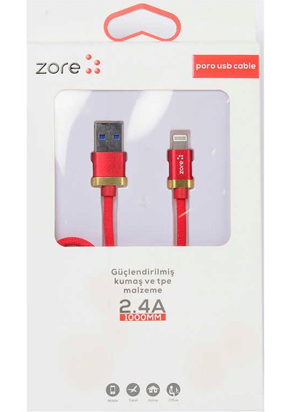 Kırmızı Poro Lightning USB Kablo 1m