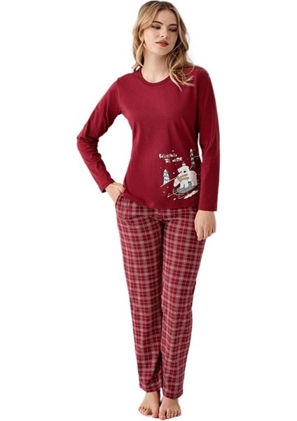 %100 Pamuk Sıfır Yaka Ekose Bayan Pijama Takım