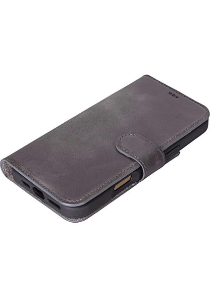 Apple iPhone 16 Pro Uyumlu, Hakiki Deri, El Yapımı, Cüzdanlı Kılıf, Gölgeli Gri modelleri