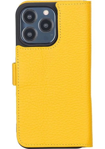 Apple iPhone 13 Pro Uyumlu Deri Cüzdanlı Kılıf Limon Sarı modelleri