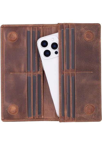 Aura Hakiki Deri, El Yapımı, Telefon Bölmeli, Kadın Cüzdanı, Antik Kahve