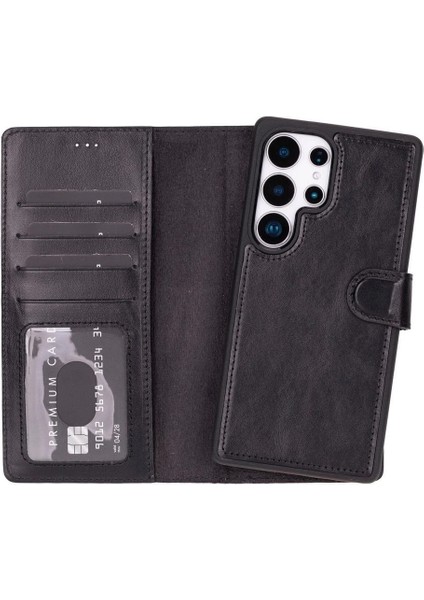 Samsung Galaxy S25 Ultra Uyumlu, Hakiki Deri, El Yapımı, Cüzdanlı Kılıf, Parlak Siyah fiyatları