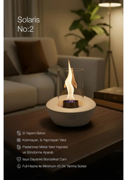 Lumi Solaris No:2– Masaüstü Bacasız Beton Şömine (Camlı) + 1 L Bioethanol Hediye