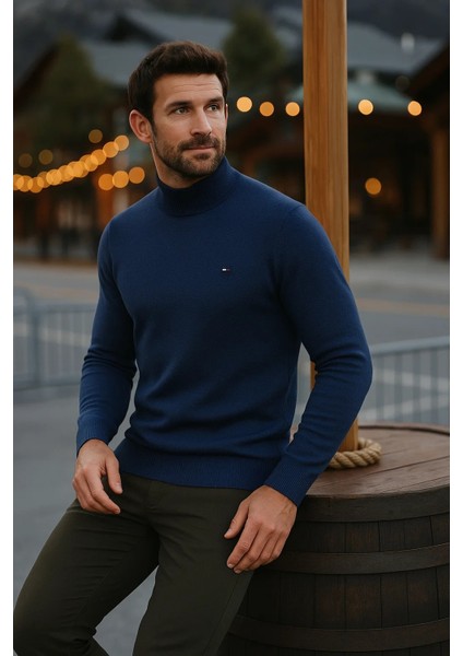 Erkek Basic Kışlık Yarım Boğazlı Uzun Lacivert Kazak