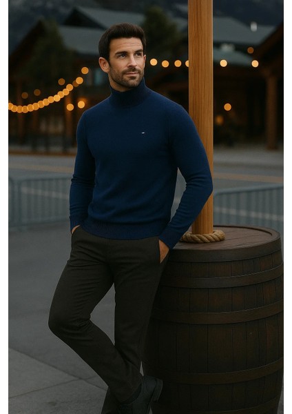 Erkek Basic Kışlık Yarım Boğazlı Uzun Lacivert Kazak modelleri