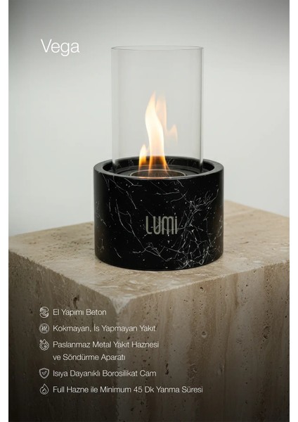 Lumi Vega No:1 – Masaüstü Bacasız Beton Şömine (Camlı) + 1 L Bioethanol Hediye