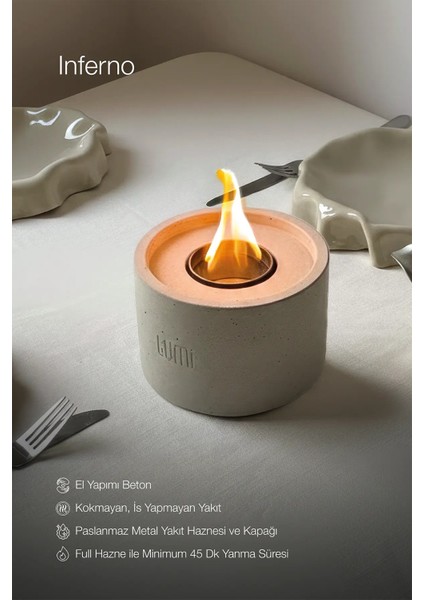 Lumi Inferno – Masaüstü Bacasız Beton Şömine + 1 L Bioethanol Hediye