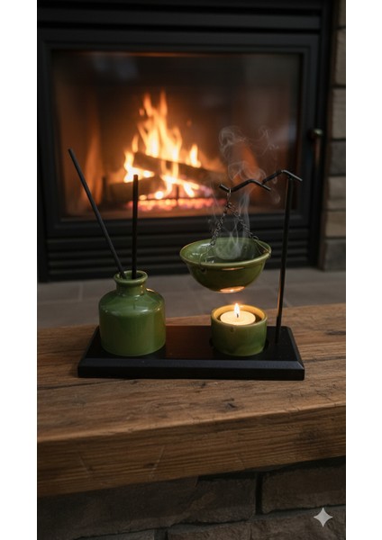 Buhurdanlık Seramik Standlı ve Askılı Set - Yeşil