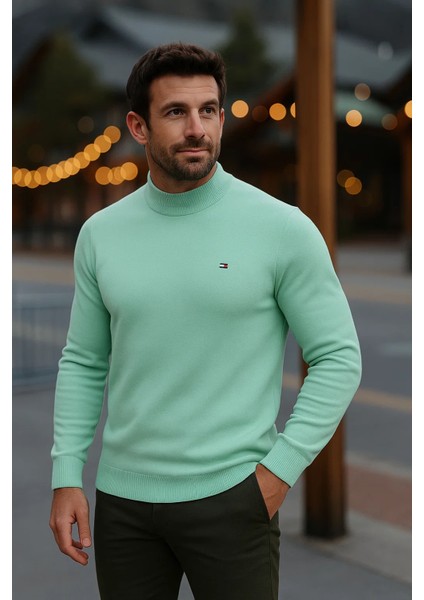 Erkek Basic Kışlık Yarım Boğazlı Uzun Mint Kazak