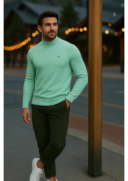 Erkek Basic Kışlık Yarım Boğazlı Uzun Mint Kazak modelleri