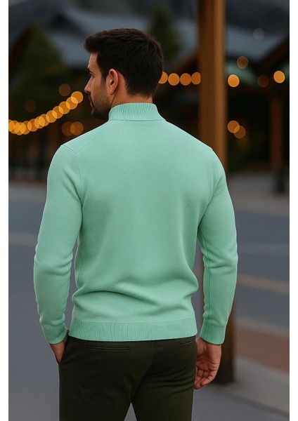 Erkek Basic Kışlık Yarım Boğazlı Uzun Mint Kazak