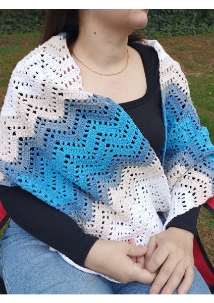 Kadın Mavi Renk Geçişli Atkı Şal Boyunluk