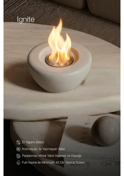 Lumi Ignite – Masaüstü Bacasız Beton Şömine + 1 L Bioethanol Hediye