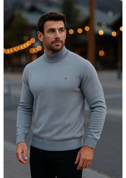 Erkek Basic Kışlık Yarım Boğazlı Uzun Gri Kazak