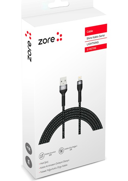 Siyah Shira Serisi Lightning USB Kablo 3 Metre fiyatları
