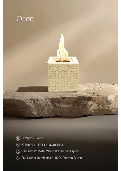 Lumi Orion No:1 – Masaüstü Bacasız Beton Şömine + 1 L Bioethanol Hediye
