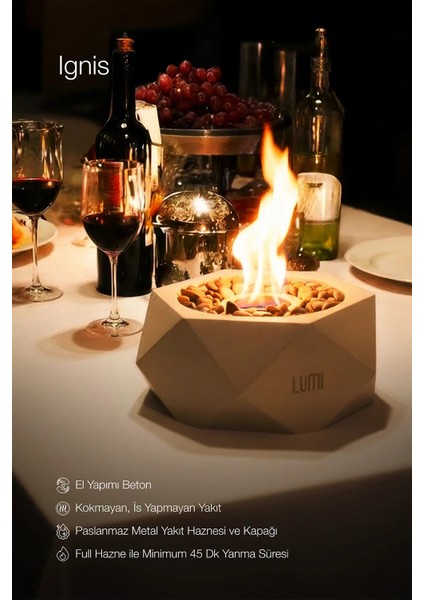 Lumi Ignis – Masaüstü Bacasız Beton Şömine + 1 L Bioethanol Hediye