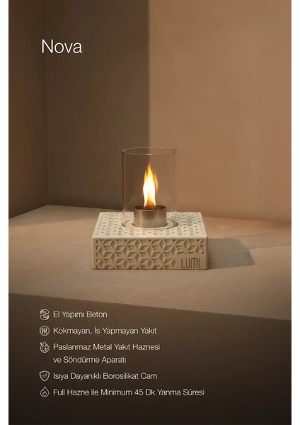 Lumi Nova No:1 – Masaüstü Bacasız Beton Şömine (Camlı) + 1 L Bioethanol Hediye